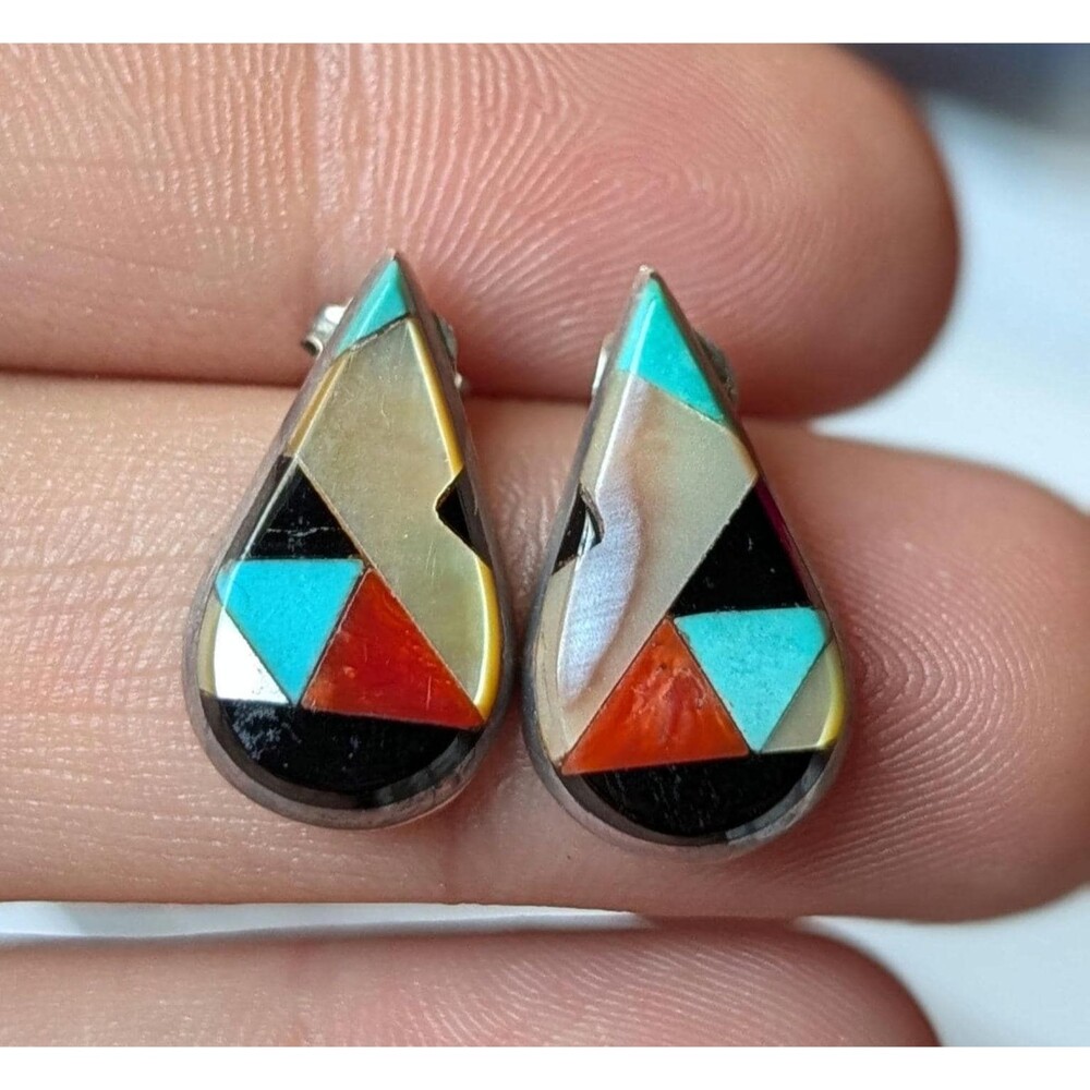 Vintage Zuni Multi-Stone Mosaic Inlay Teardrop Sterling Silver Stud Earrings